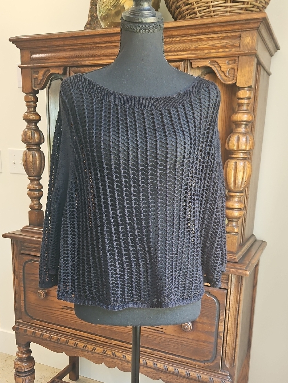 JJ Basics Women’s Open-Knit Navy Sweater - Lightweight Boatneck. Size M